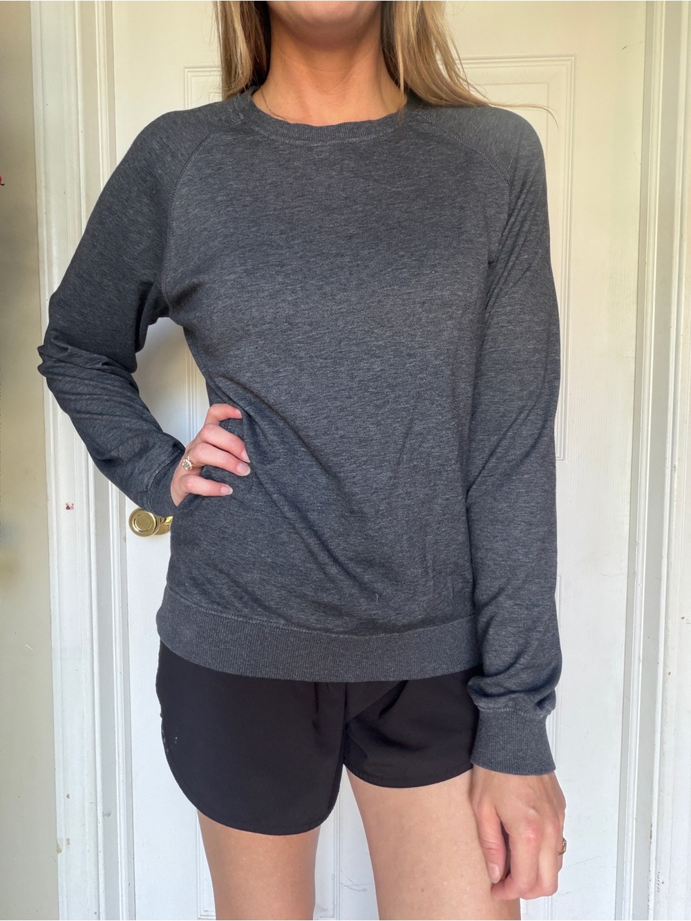 [Bundle] 2 Classic Women's Crewnecks, Long-Sleeve Top in Charcoal/Red